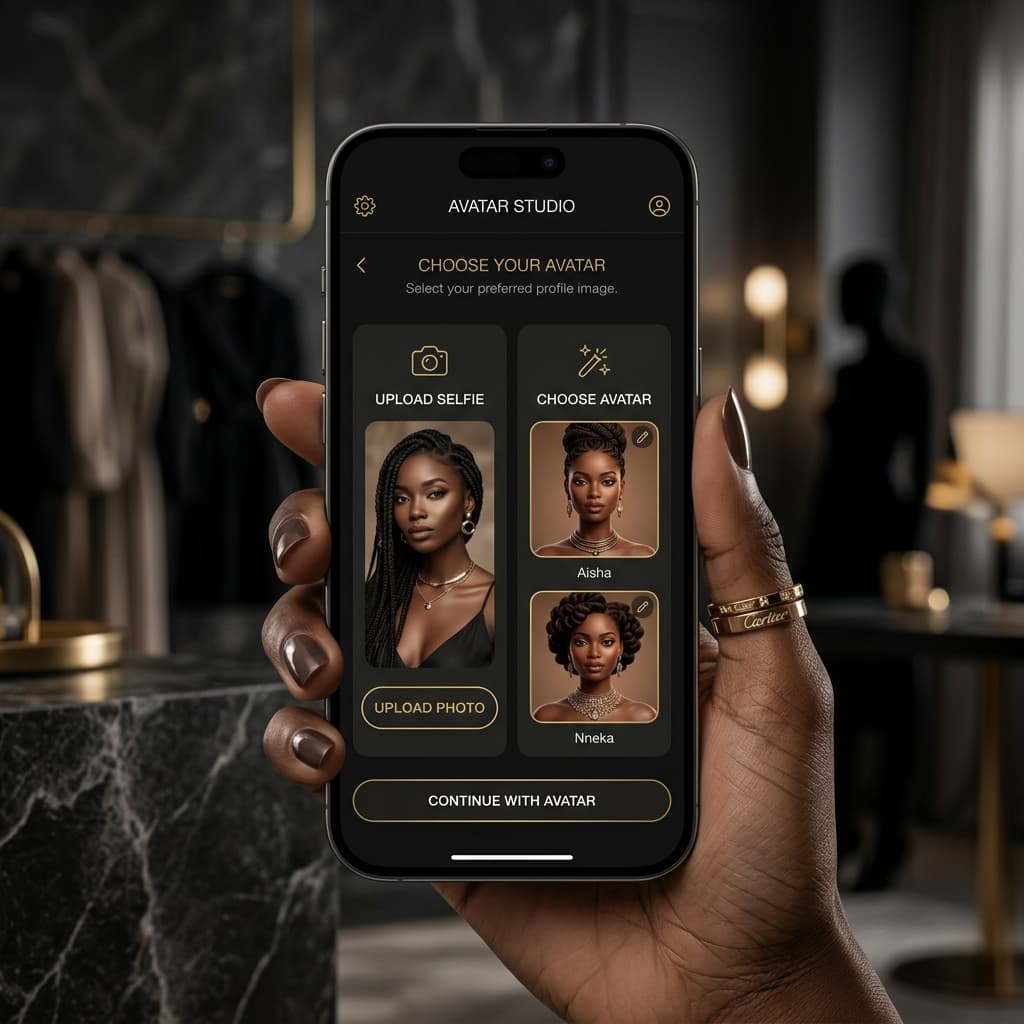 Phone interface for uploading a selfie or choosing a model avatar